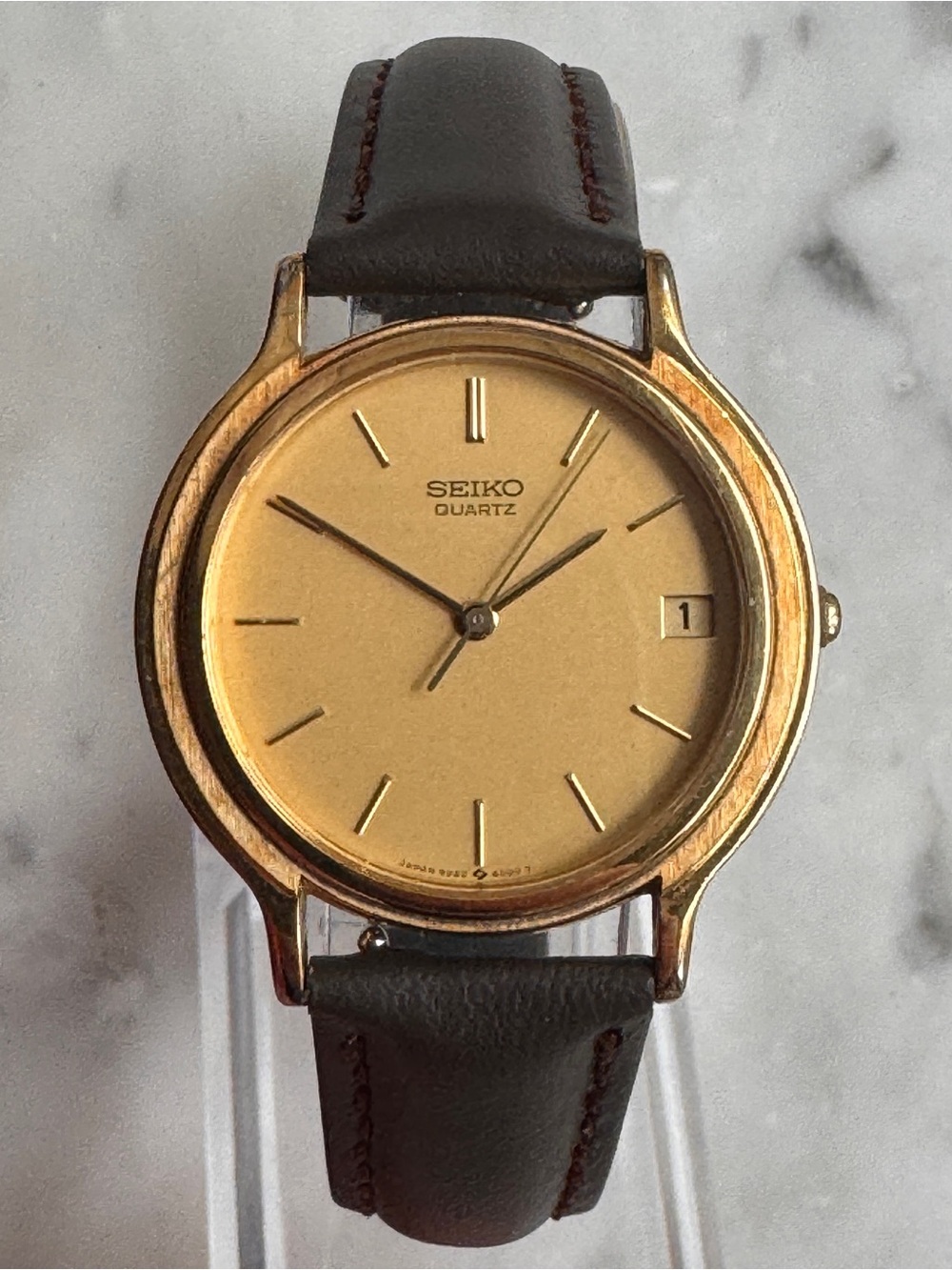 Seiko Gold Dial Men's Dress Watch with Brown Leather Strap / New Battery